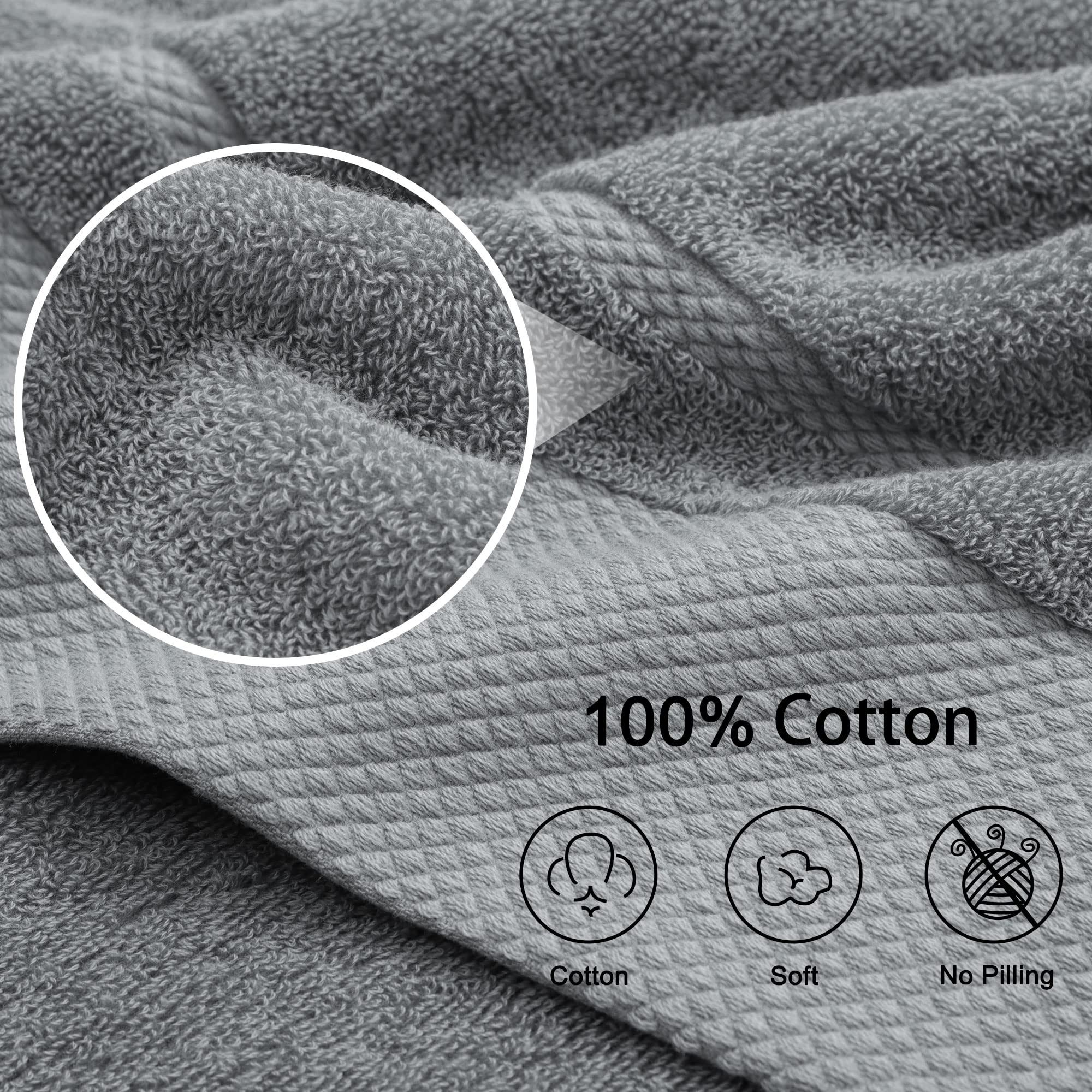 PiccoCasa Combed Cotton Bath Towels 4 Pack Grey 70cm x 140cm