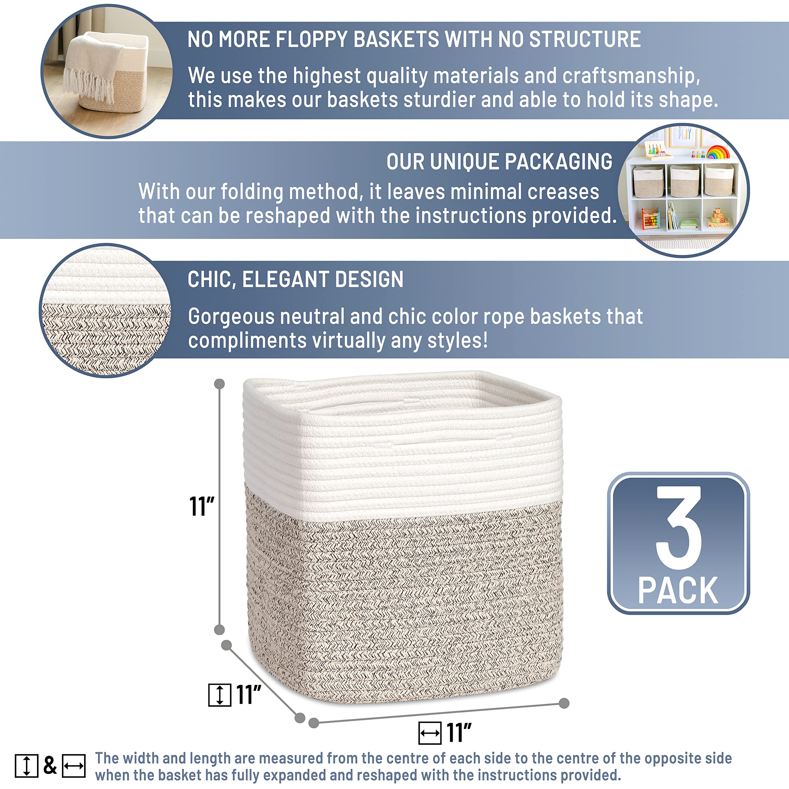 NaturalCozy Storage Cubes 11 Inch Cotton Rope Woven Baskets for Organizing 3-Pack | Cube Storage Bin, Square Storage Baskets for Shelves Organizer