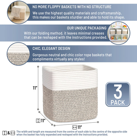 NaturalCozy Storage Cubes 11 Inch Cotton Rope Woven Baskets for Organizing 3-Pack | Cube Storage Bin, Square Storage Baskets for Shelves Organizer