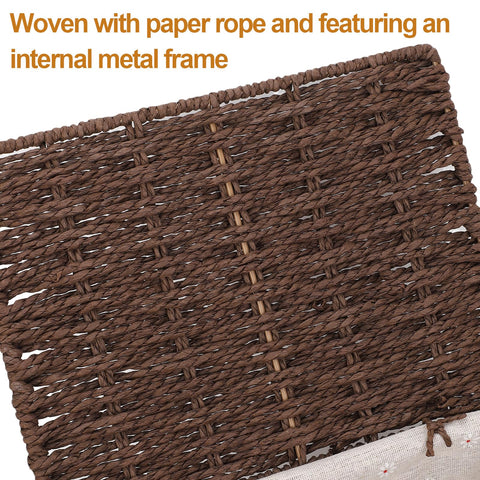 MEKOTRIN Set of 3 Storage Baskets with Lids, Paper Rope Woven Storage Baskets, Boho Decor Handmade Hamper Baskets with Removable Lining for Shelves