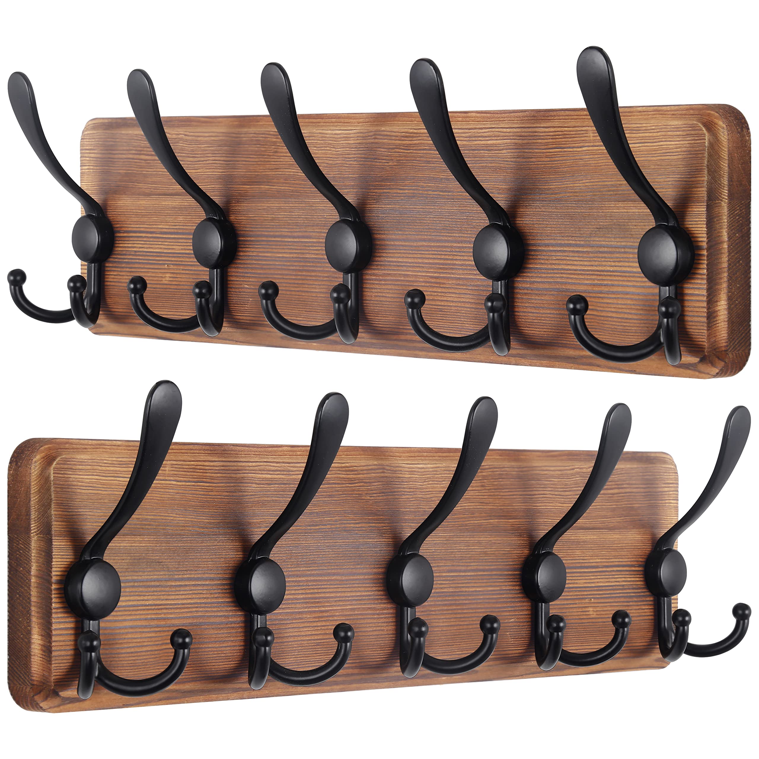 SKOLOO Coat Rack Wall Mounted - Pack of 2, Wooden, Heavy Duty, Rustic Coat Hooks for Wall, 16'' Hole to Hole