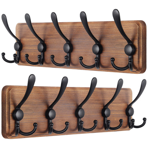 SKOLOO Coat Rack Wall Mounted - Pack of 2, Wooden, Heavy Duty, Rustic Coat Hooks for Wall, 16'' Hole to Hole