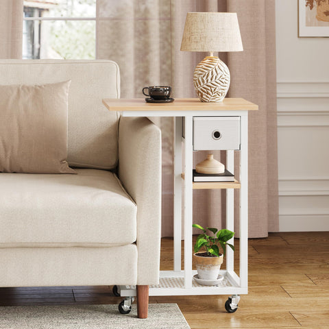 YITAHOME 2PCS C-Shaped Slim Sofa End Table with Fabric Drawer, Oak