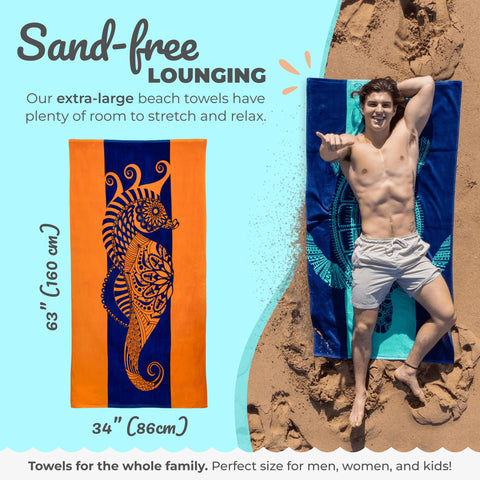 Nova Blue Seahorse Beach Towel – Blue and Orange with A Tropical Design, Extra Large, XL (34”x 63”) Vibrant, Bright