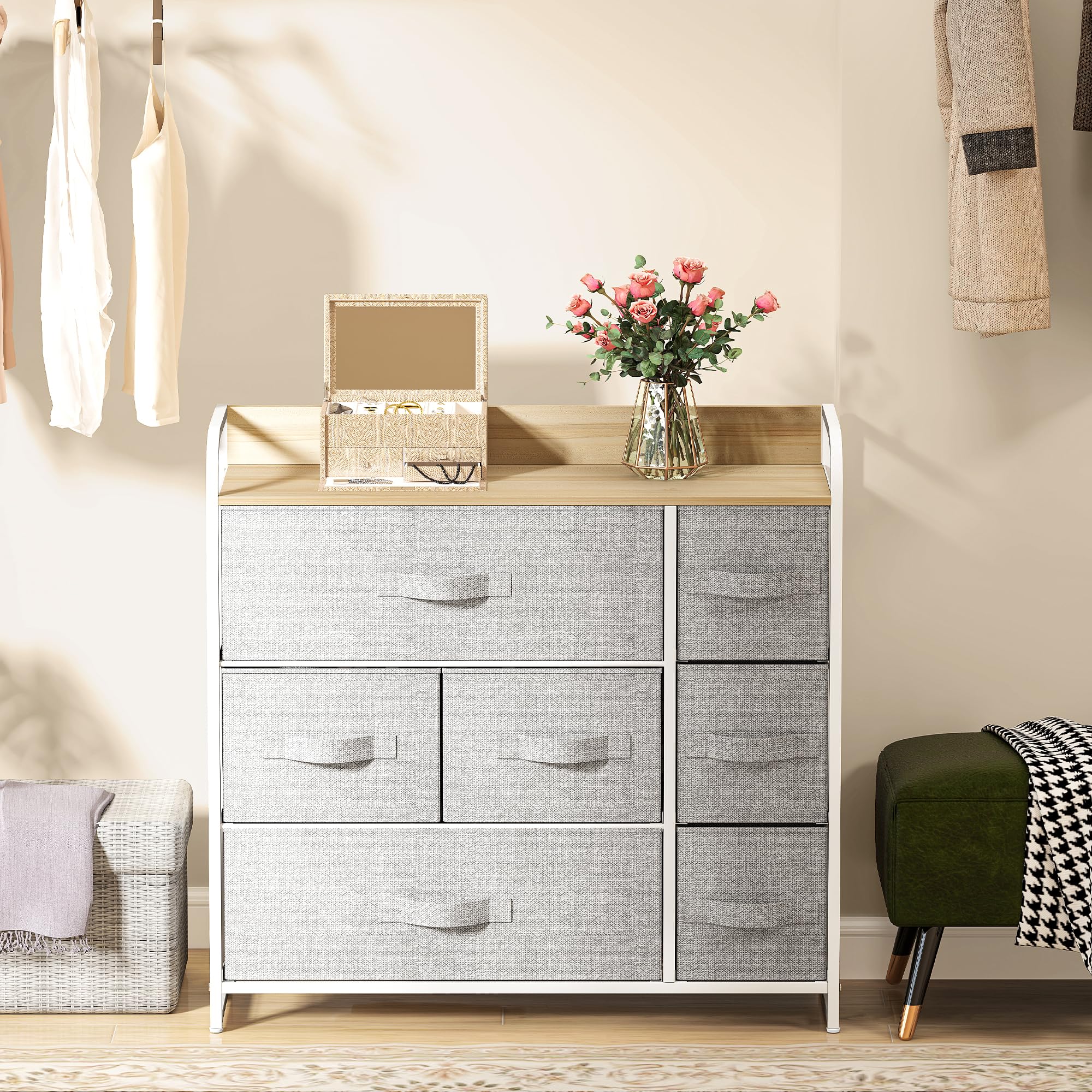 DWVO Chest of Drawers,Fabric Chest of Drawers Bedroom Cabinet with 7 Drawers,Dresser for Bedroom,Living Room With Handles,Wood Top and Sturdy Steel