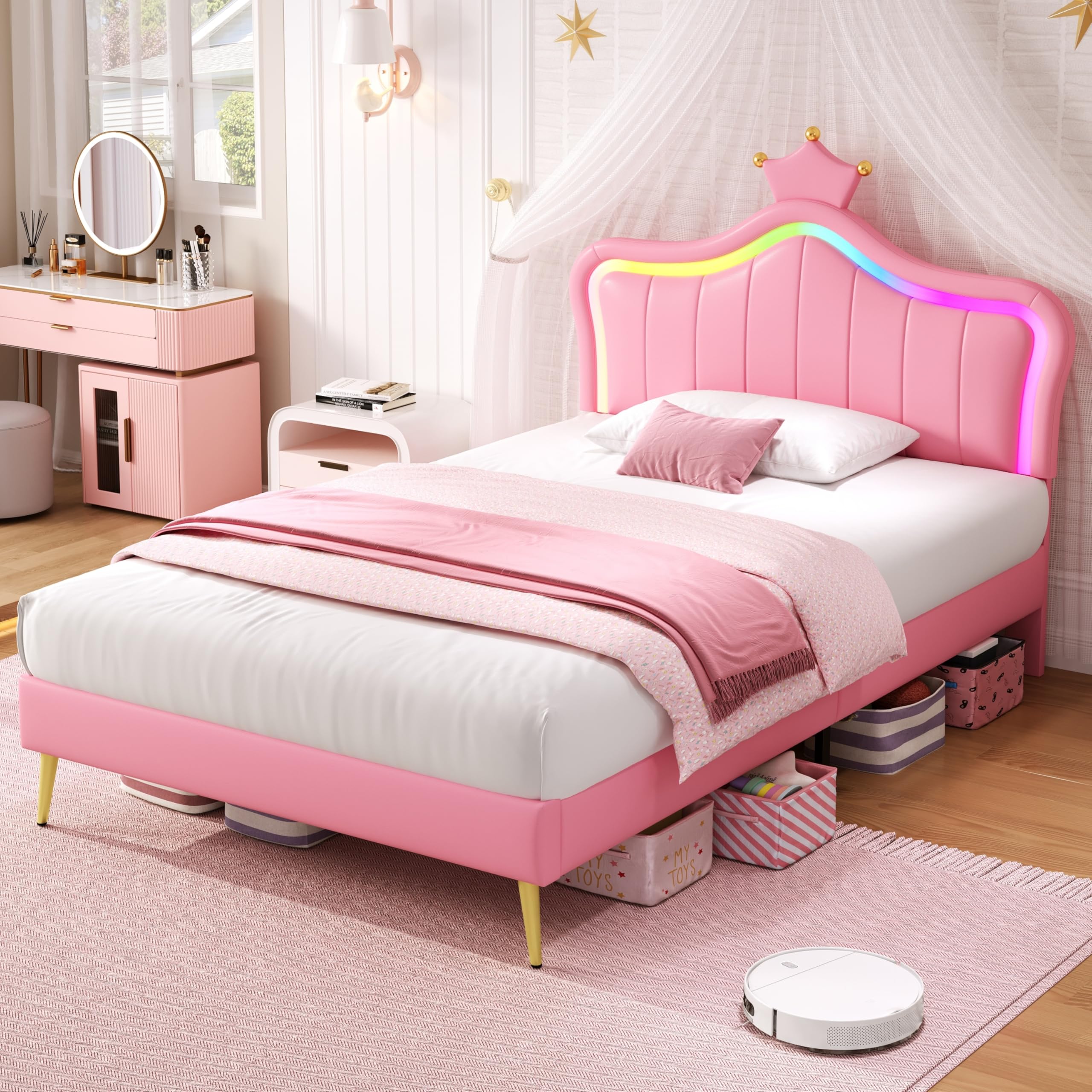 Ball & Cast 3ft Single Upholstered Bed with LED Adjustable Crown Shape Headboard, PU Leather Bed Frame with Solid Wood Slat, No Box Spring Needed