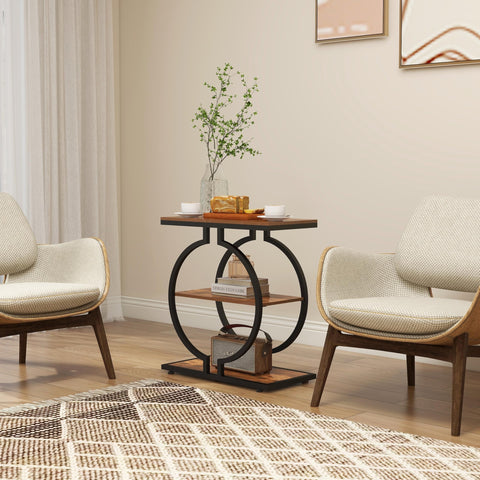 Trironsun Narrow End Table 3-Tier Round Side Table with Geometric O-Shaped Base Industrial Small Sofa Table for Living Room Slim Bedside Table