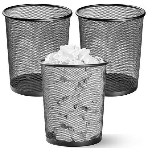 Evadow 3 Pack Mesh Waste Paper Bin 12 Litres, Metal Wire Waste Basket Lightweight Circular Trash Bin for Home Office Garbage Can Bin