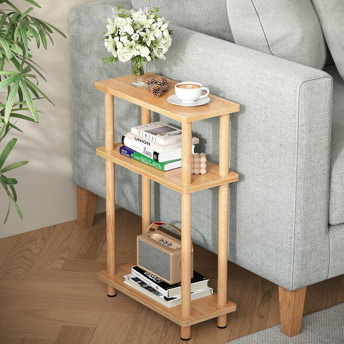 APICIZON Narrow Side Table, Slim Small Table, 3 Tier End Table Living Room, 40x18x61.5cm, Modern Thin Side Table for Living Room, Bedroom, Sofa