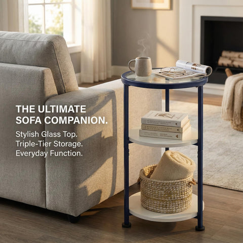 ZEXVIDA 3-Tier Round Side Table with Tempered Glass Top, Navy Blue