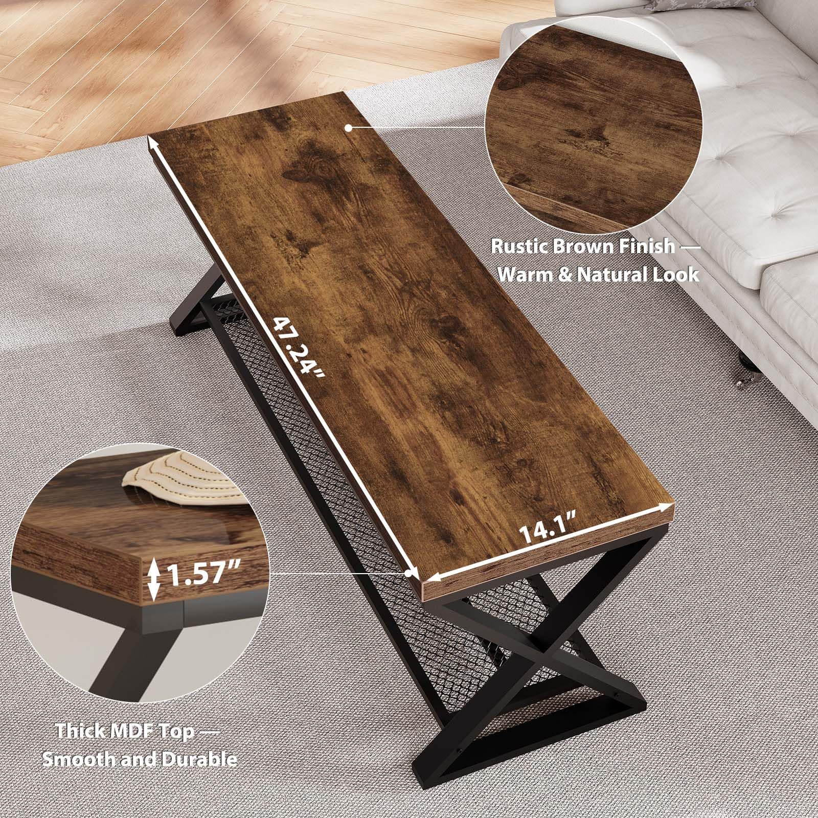 LVB Rustic Brown Industrial Entryway Bench with Storage, Indoor Wood and Metal Storage for Living Room Bedroom