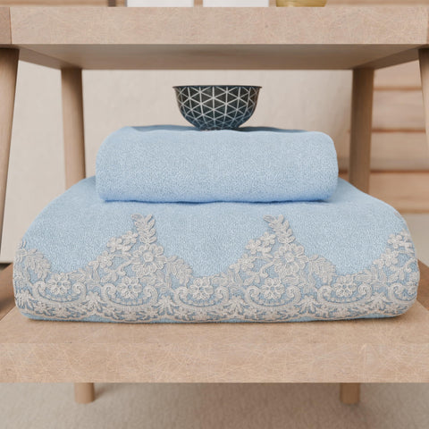 PETTI Artigiani Italiani - 100% Cotton Terry Bath Towels, 1+1 Towel Set, 2 Pieces 1 Face Towel and 1 Hand Towel, Light Blue