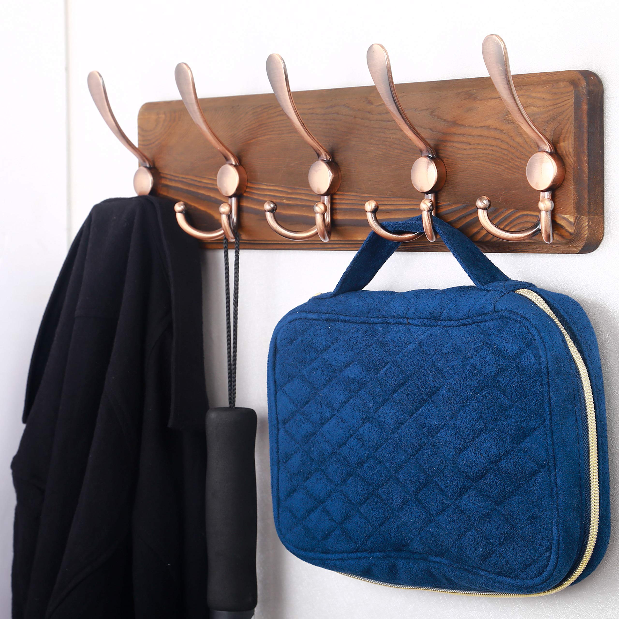 SKOLOO Coat Rack Wall Mounted - Pack of 2, Wooden, Heavy Duty, Rustic Coat Hooks for Wall, Wall Coat Rack with 5 Triple Hooks for Hanging Clothes