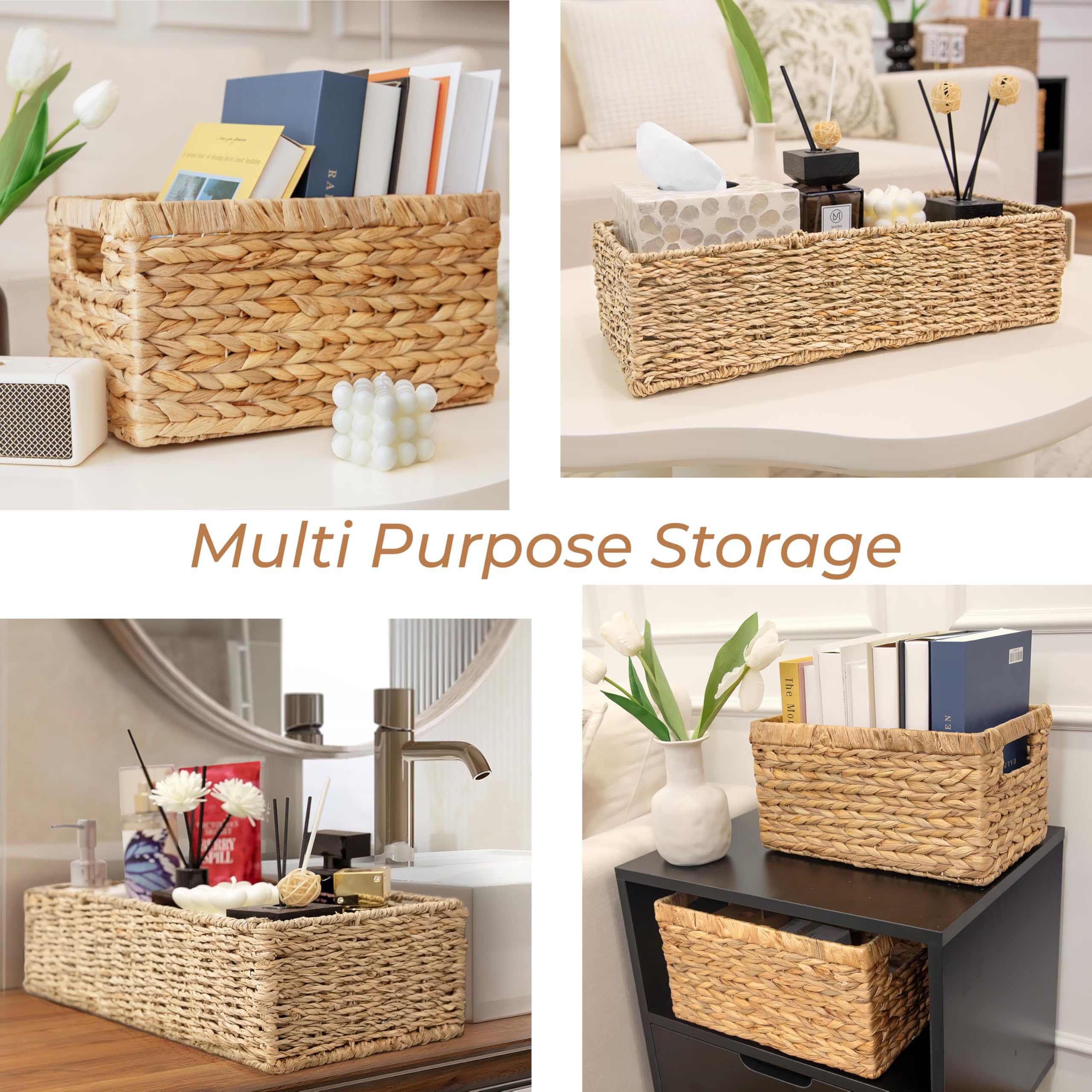 HOMESTEAD Seagrass Storage Baskets, Long Narrow Rectangular Wicker Baskets for Bedroom, Living Room, Bathroom, Shelves - Set of 2