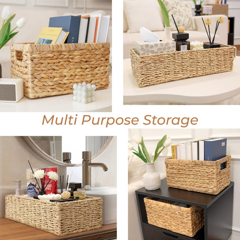 HOMESTEAD Seagrass Storage Baskets, Long Narrow Rectangular Wicker Baskets for Bedroom, Living Room, Bathroom, Shelves - Set of 2