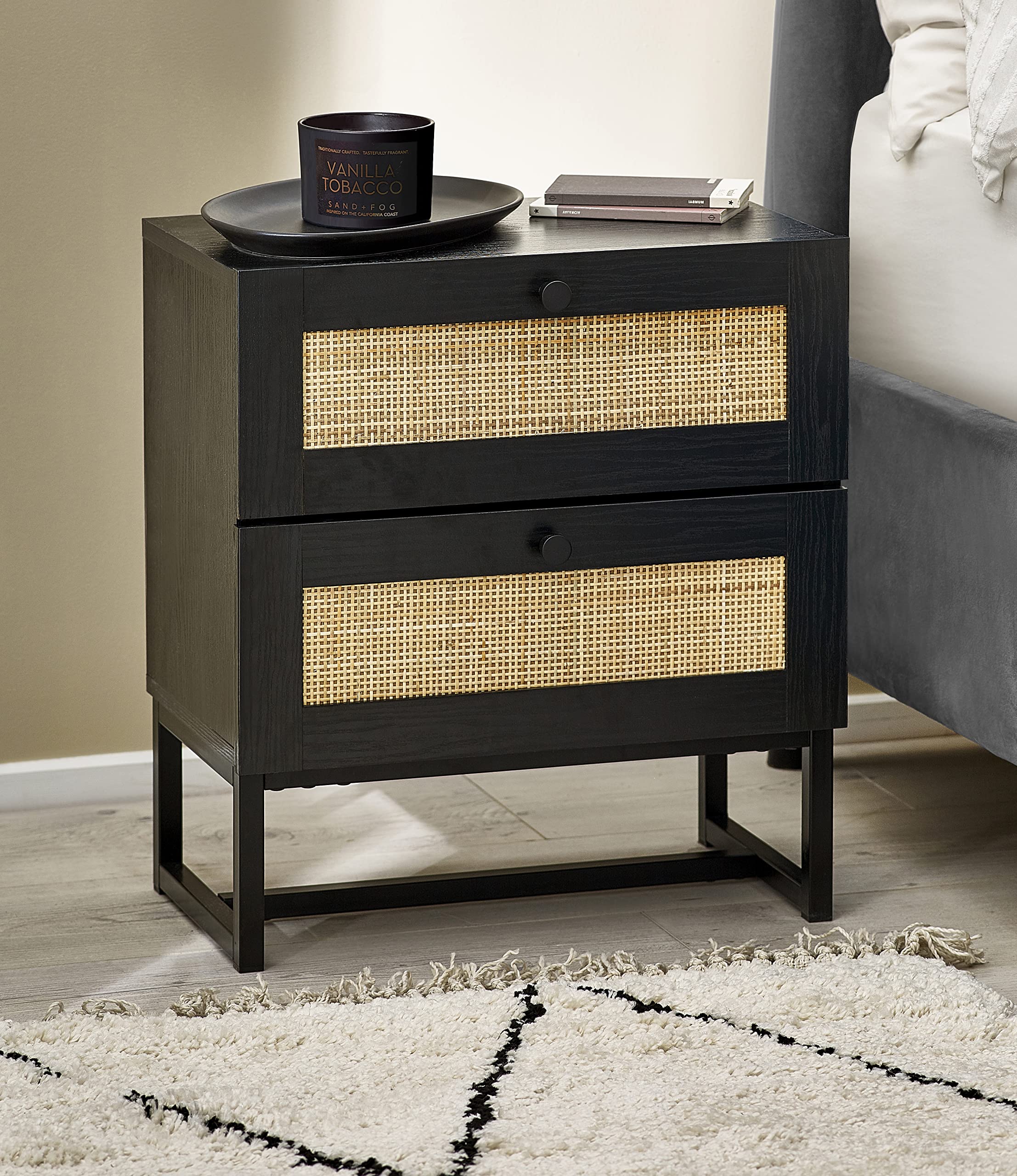 Julian Bowen Padstow Bedside Table, 2 Drawer, Black - H55 x W50 x D30cm