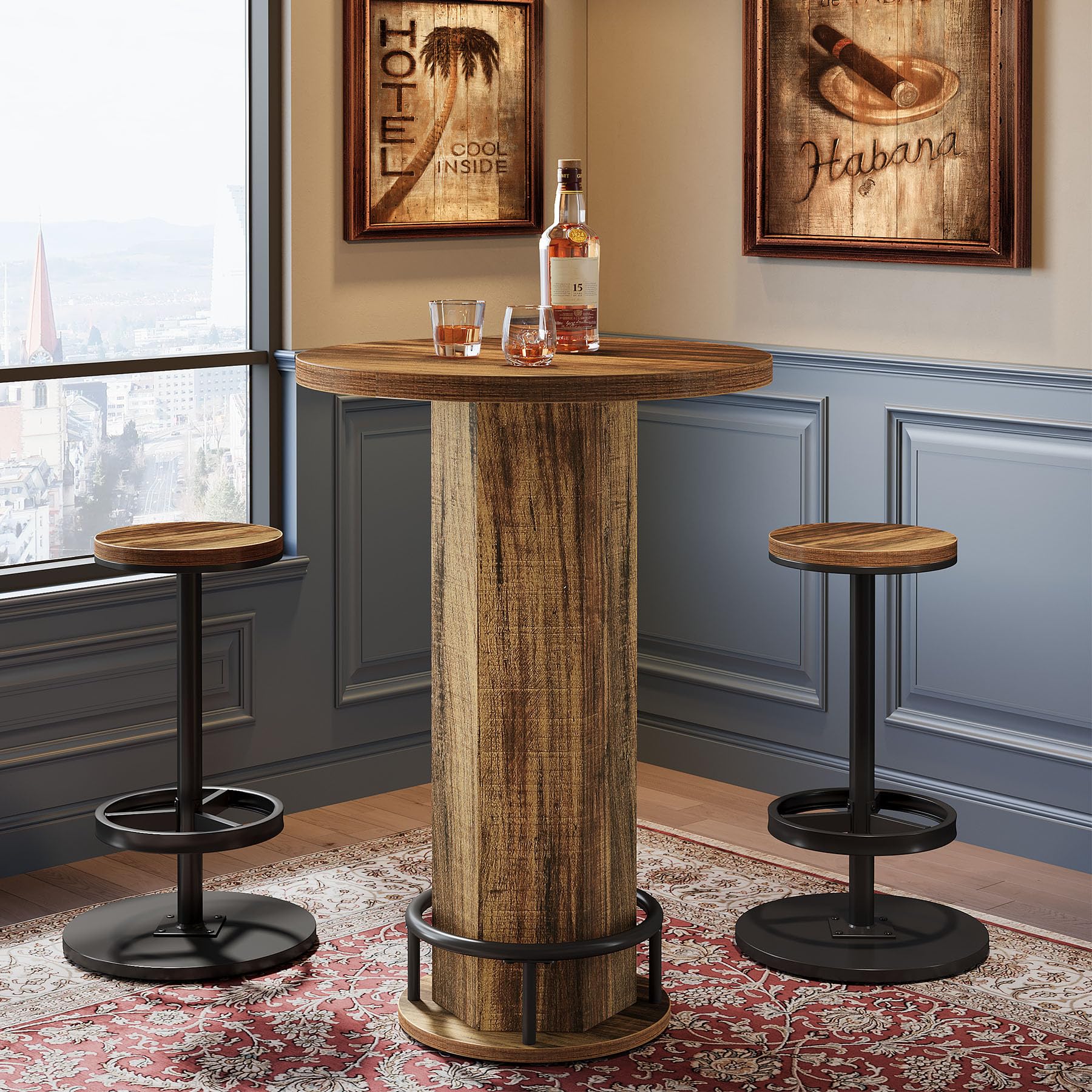 Tribesigns Round Bar Table with Chairs, Industrial Bistro Sets with 2 barstools, Pub Cocktail Table with Metal Ring Footrest for Kitchen Nook