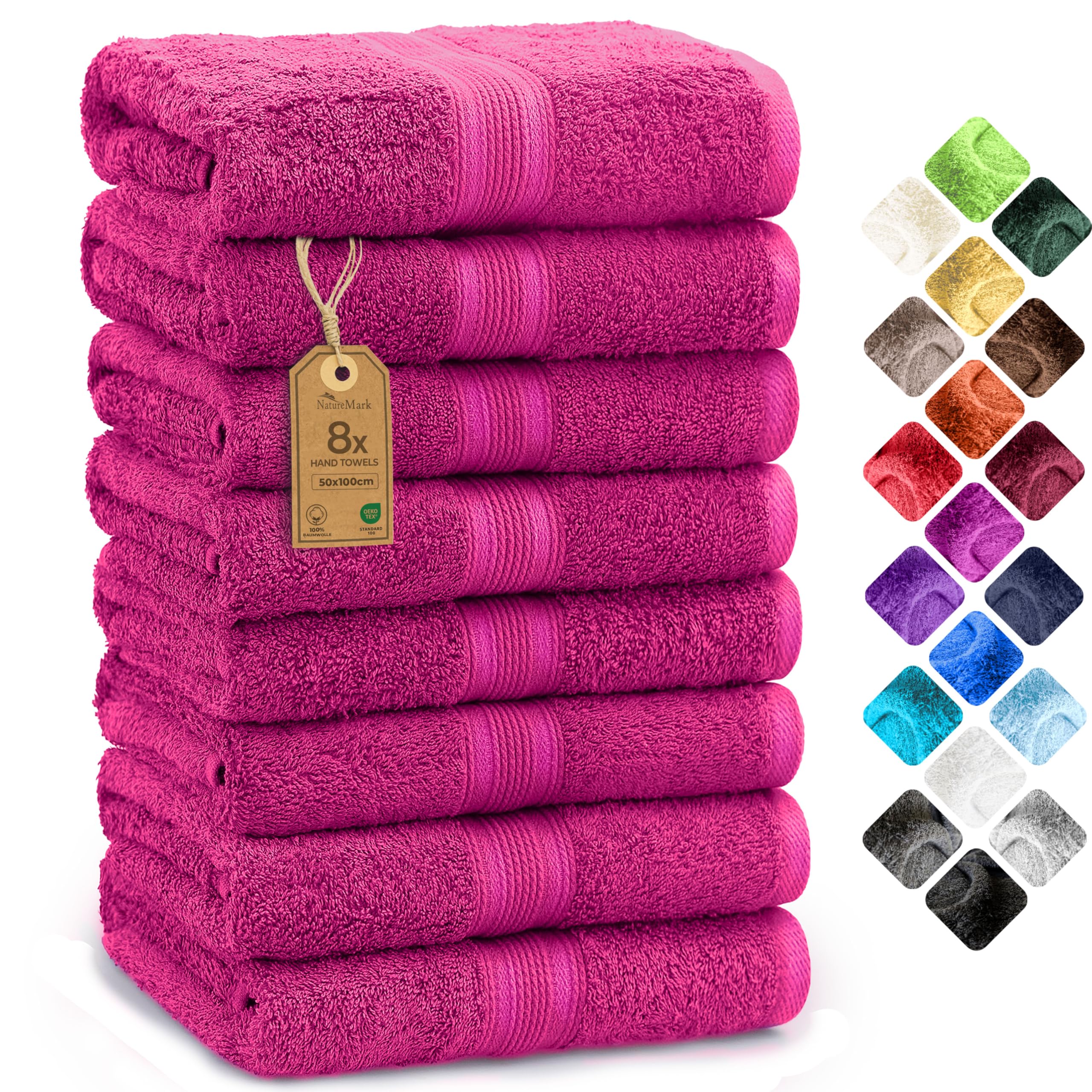 NatureMark 8 Hand Towels Set - 100% Cotton - Soft and Absorbent Bathroom Towels, Durable and Comfortable, Size 50 x 100 cm, Pink
