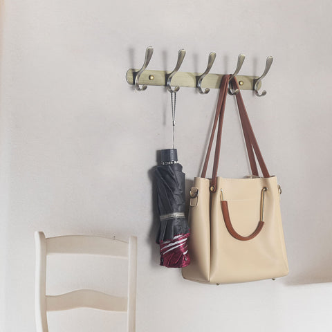 SKOLOO Coat Rack Wall Mount - Modern, Metal Wall Coat Rack with 5 Hooks, Sturdy Wall Hook Rack Rail for Hanging Coat, Jacket, Clothes, Hat, Bronze