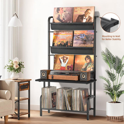 Bikoney Record Player Stand with Vinyl Storage for 300 LPs - Bigger Storage