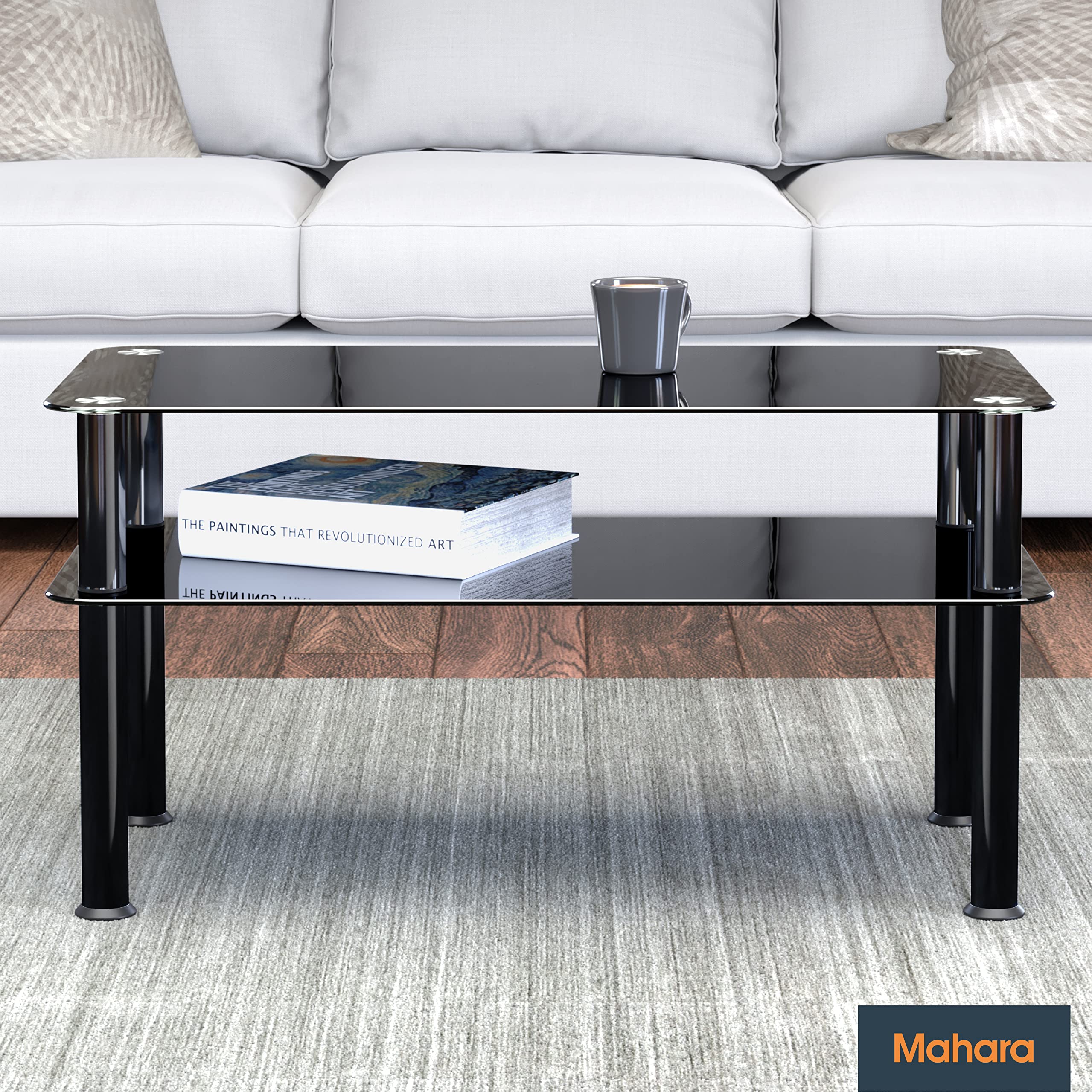 mahara Black Glass Coffee Table - Slimline side table with shelf and black aluminium legs - Small table W80cm x D40cm x H41.5cm
