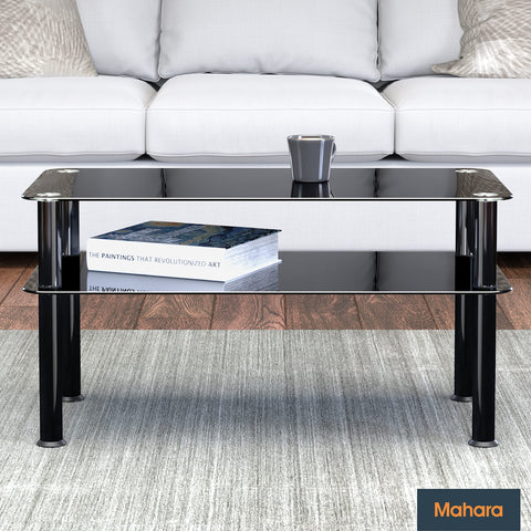 mahara Black Glass Coffee Table - Slimline side table with shelf and black aluminium legs - Small table W80cm x D40cm x H41.5cm