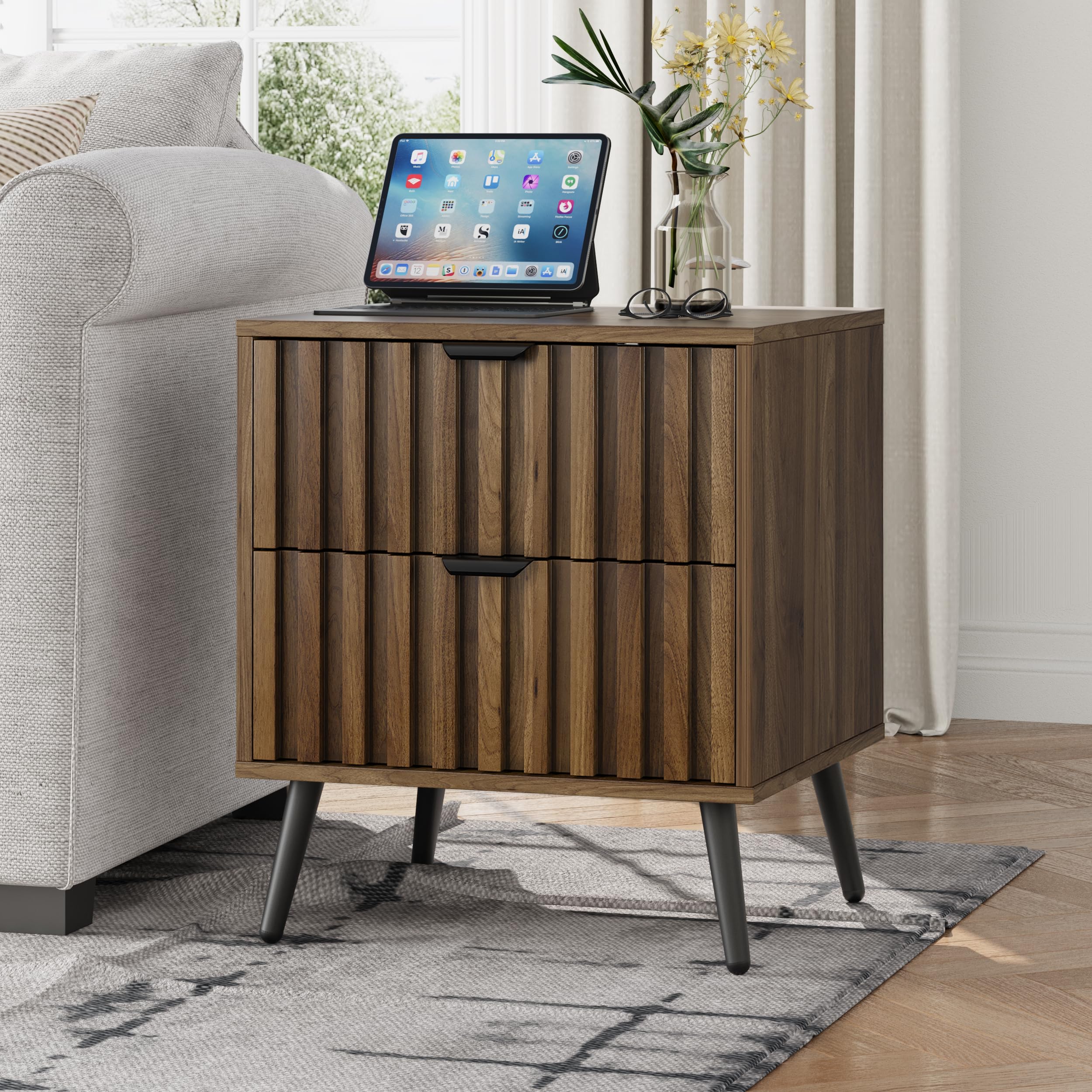 Smuxee Walnut Wooden Night Stand, Mid Century Nightstand with 2 Fluted Drawers, Bedside Table with Open Shelf, Modern End Side Table for Bedroom