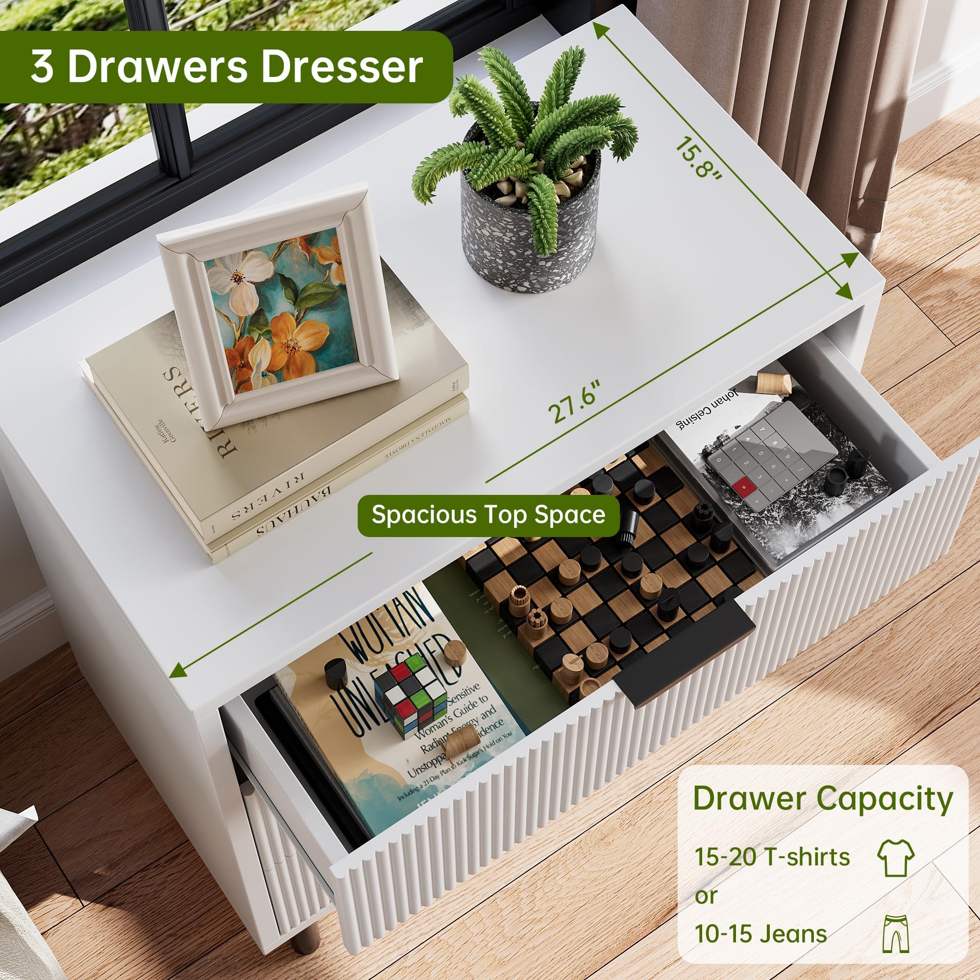 Crevyteg White Fluted 3 Drawers Dresser, Wide Wood Chest of Drawers, Modern Storage Dresser Chest of Drawers Organizer with Metal Legs and
