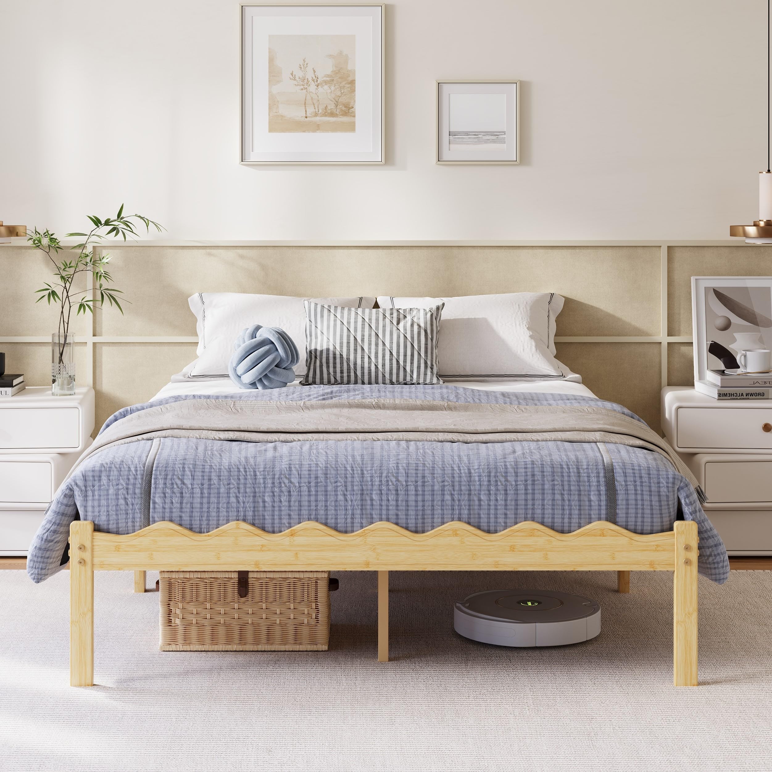 Hunlostten Wooden King Bed Frame - Modern Style Bamboo Wood Bed Frame with Headboard and Footboard Underbed Storage Slats Support Easy to Install