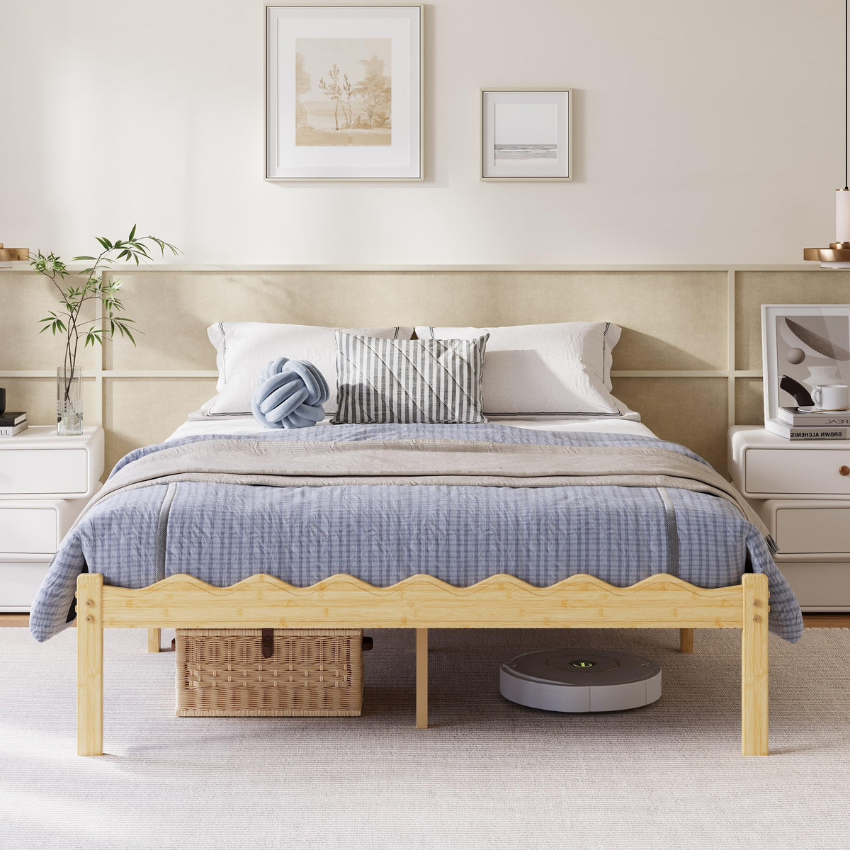Hunlostten Wooden King Bed Frame - Modern Style Bamboo Wood Bed Frame with Headboard and Footboard Underbed Storage Slats Support Easy to Install