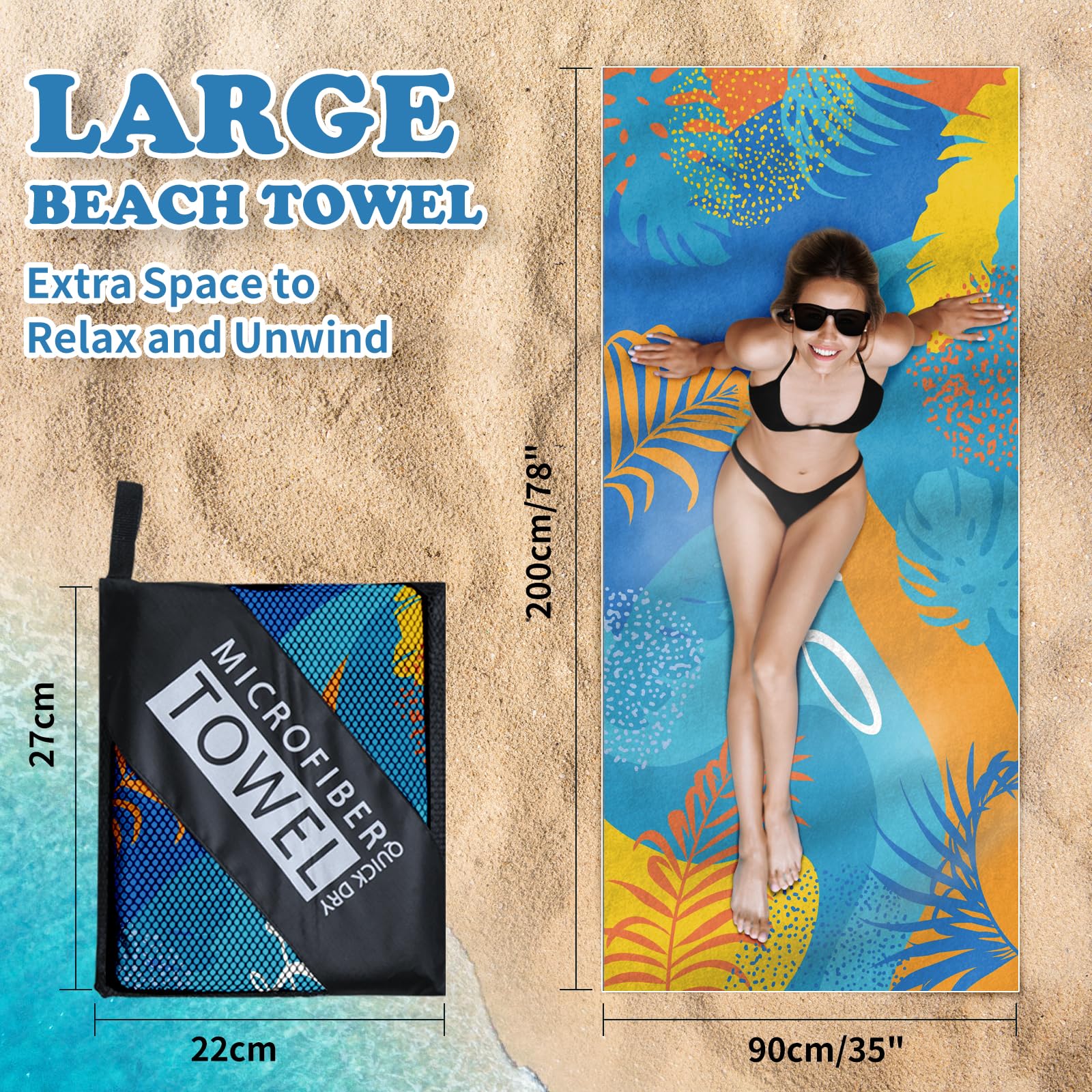 Startseite 200 x 90 cm Microfibre Towel - Large Size Quick Drying Microfibre Beach Towels for Adults, Sand-Free