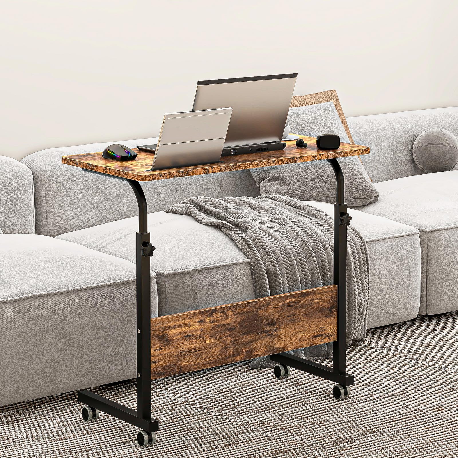 sogesfurniture Height-adjustable laptop table, computer desk with tablet slot, 80 x 40 cm, PC table, sofa table, care table, side table with wheels