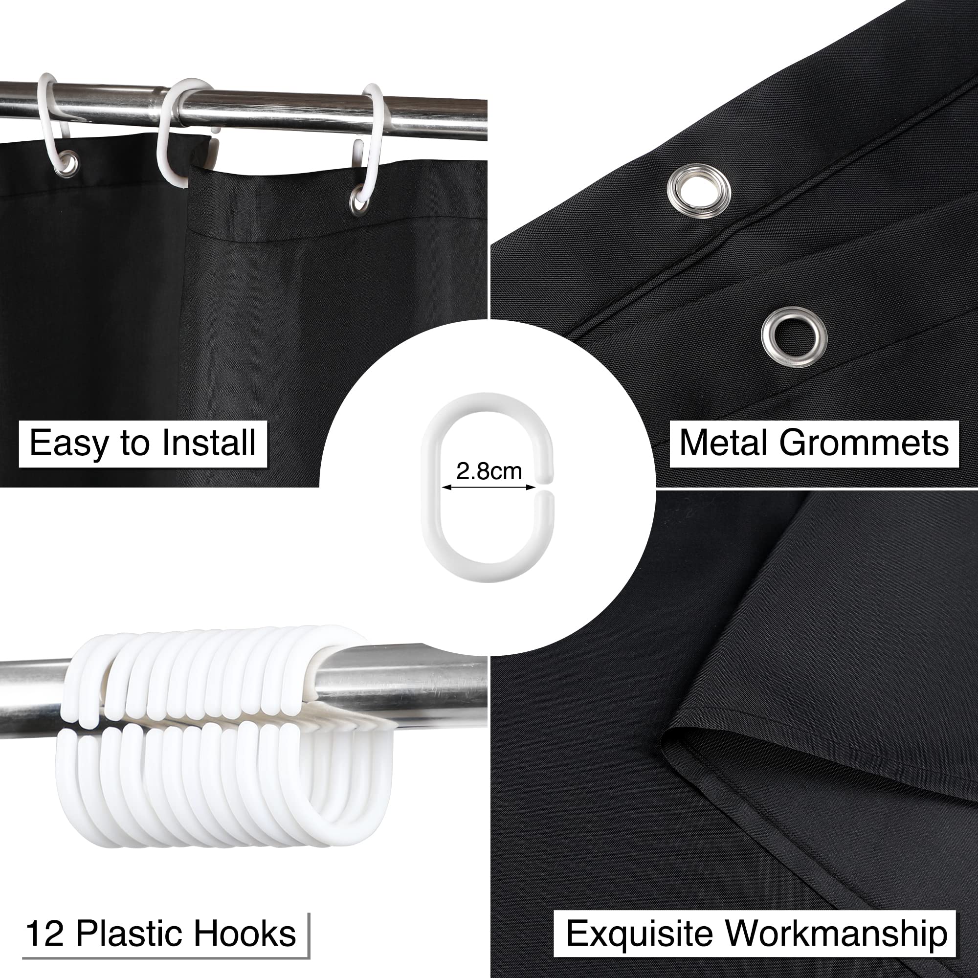 WELTRXE Shower Curtain Mould Proof Mildew Resistant, 180x180cm Black Bathroom Curtain Set With Hooks, Weighted Hem