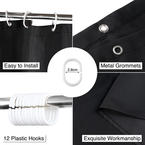WELTRXE Shower Curtain Mould Proof Mildew Resistant, 180x180cm Black Bathroom Curtain Set With Hooks, Weighted Hem