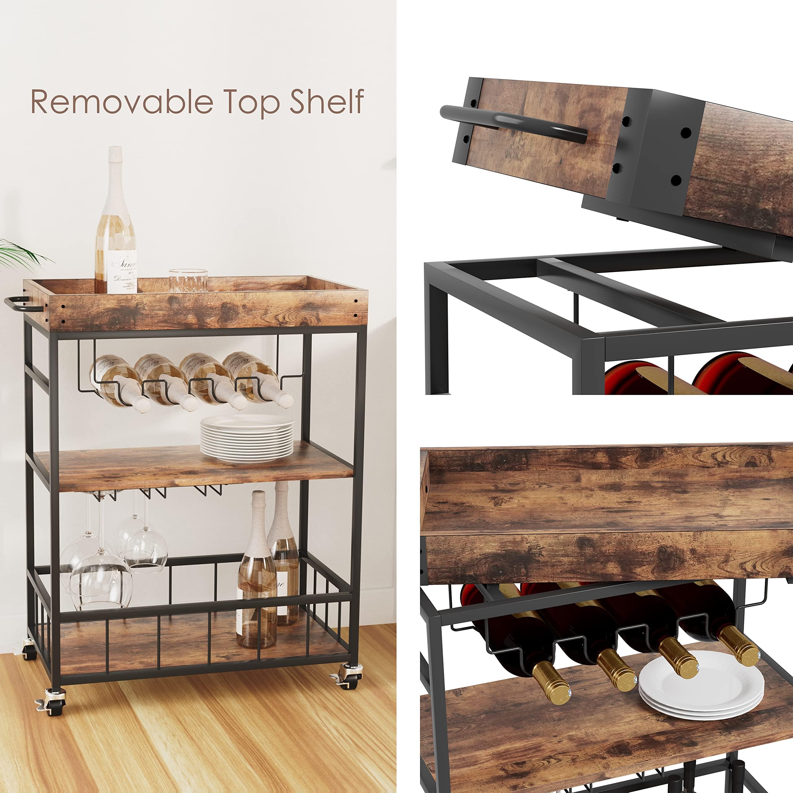 Bar Cart, 3 Tier Serving Trolley, Rolling Wine Trolley, Drinks Trolley