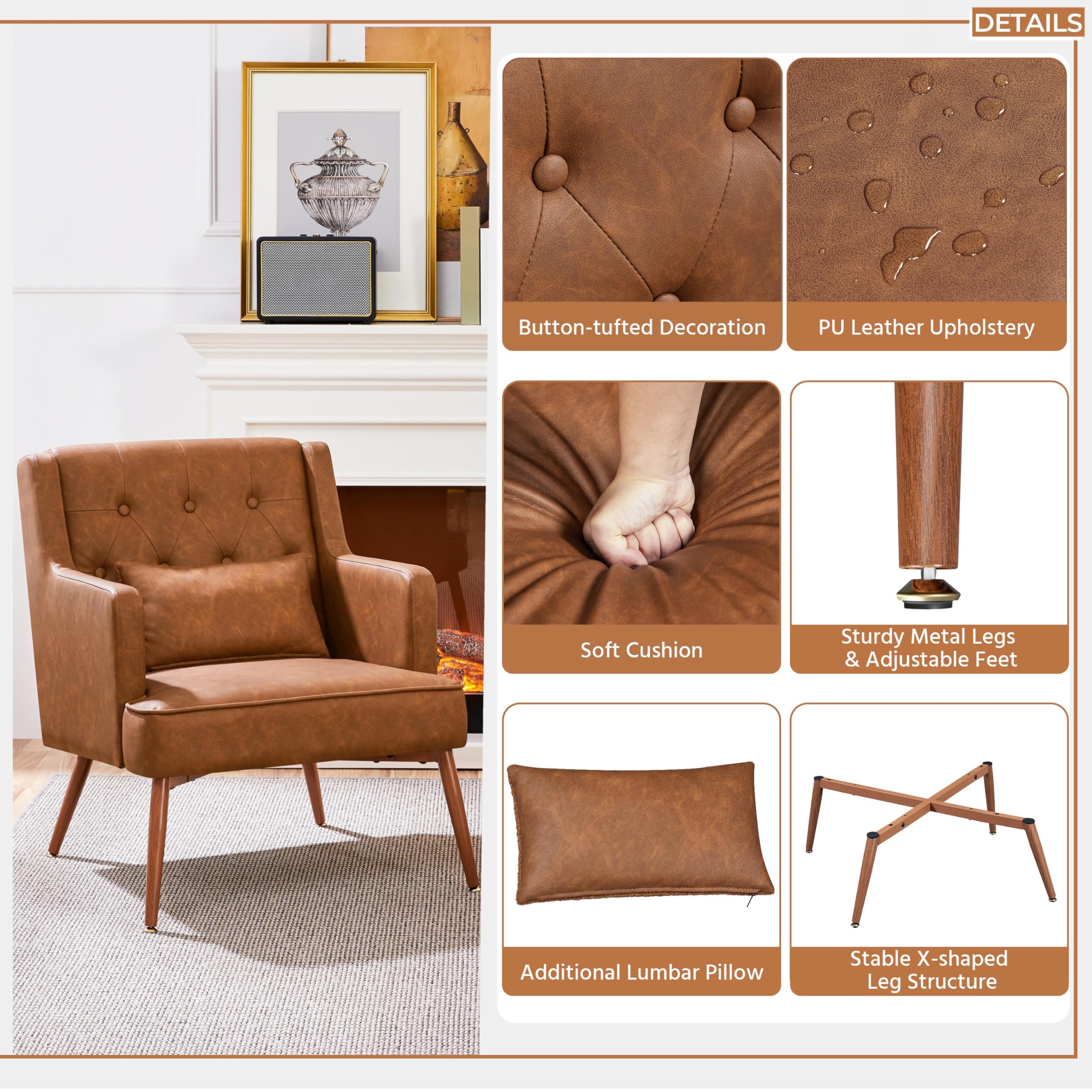 Yaheetech PU Leather Armchair, Tub Chair with Lumbar Pillow, Retro Brown
