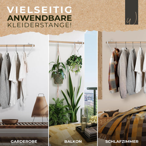 Wohnreich® Wall Mounted Clothes Rail [Various Lengths] Made of German Beech, Wall Coat Rack Wood & Metal, Clothes Rack & Coat Rail