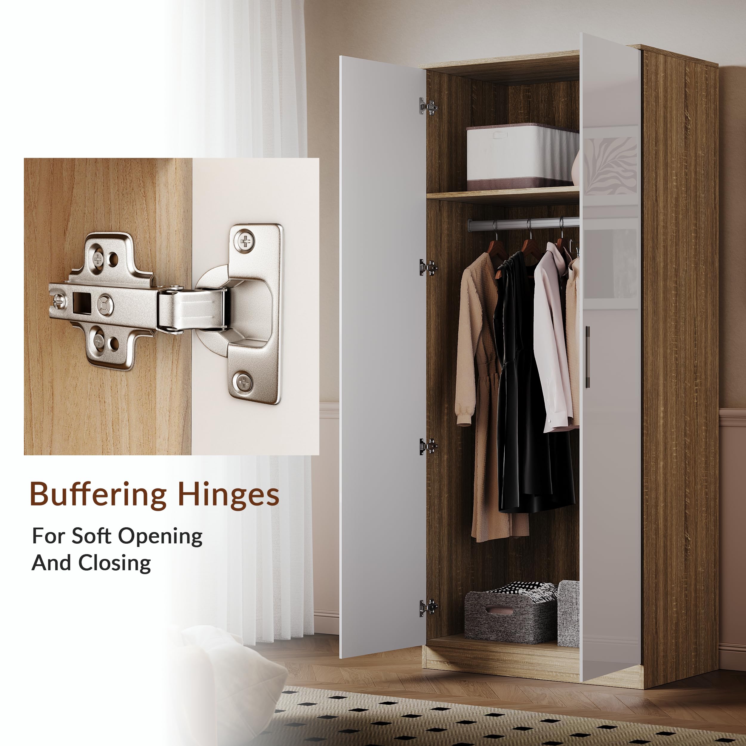 ELEGANT Soft Close 2 Door Wardrobe High Gloss White-Oak, 178x76x47cm