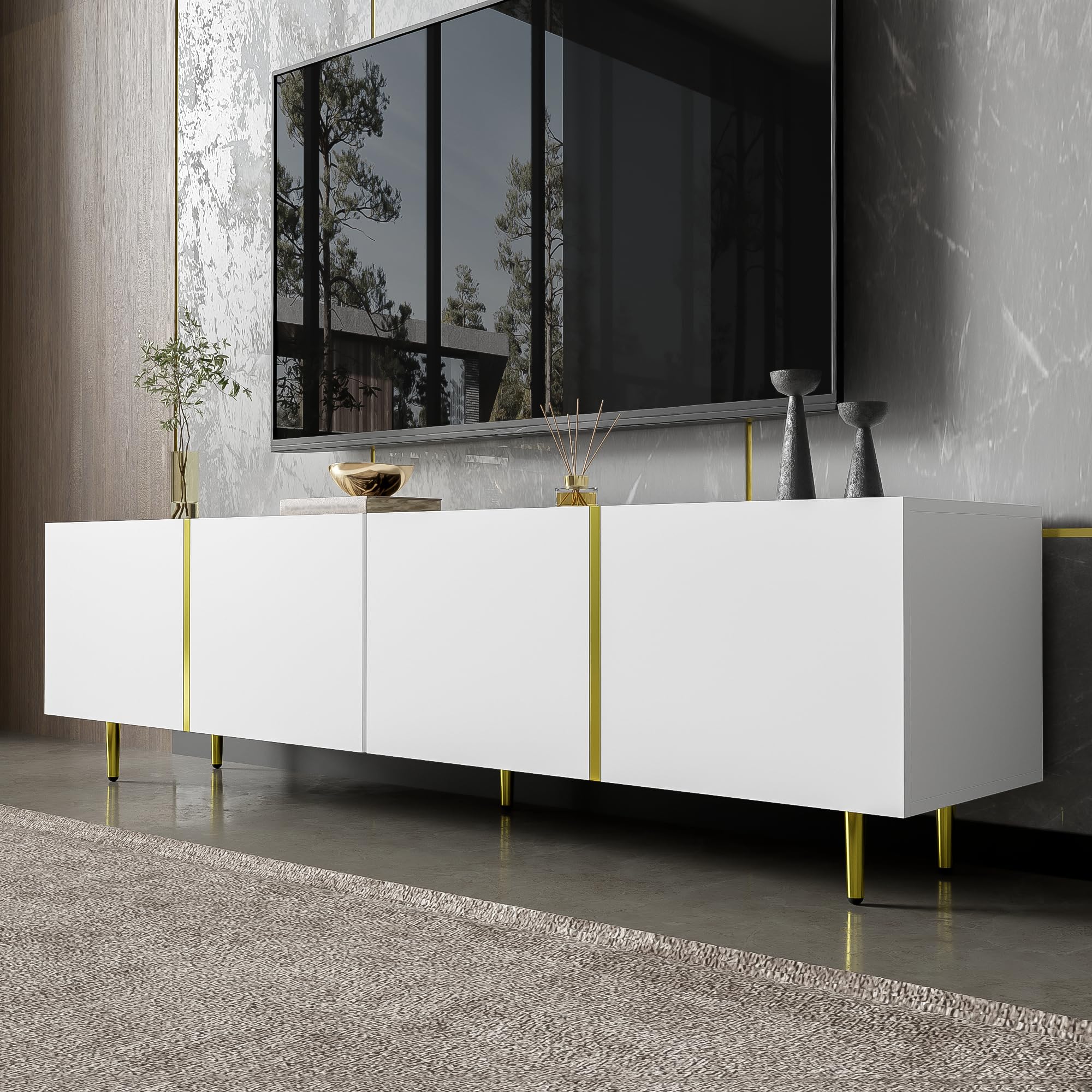 Ball & Cast High-gloss TV Cabinet with 4 Doors, White TV Stand Cabinet with Storage, 170x35x46cm