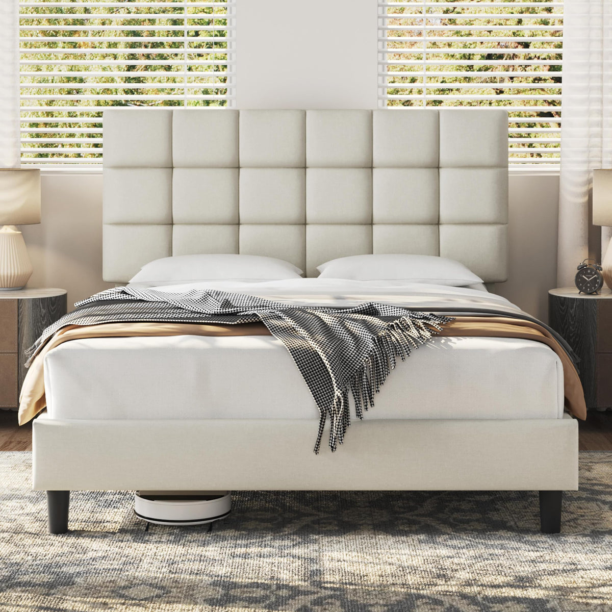 Yaheetech 5ft King Bed Frame, Upholstered Headboard, Beige