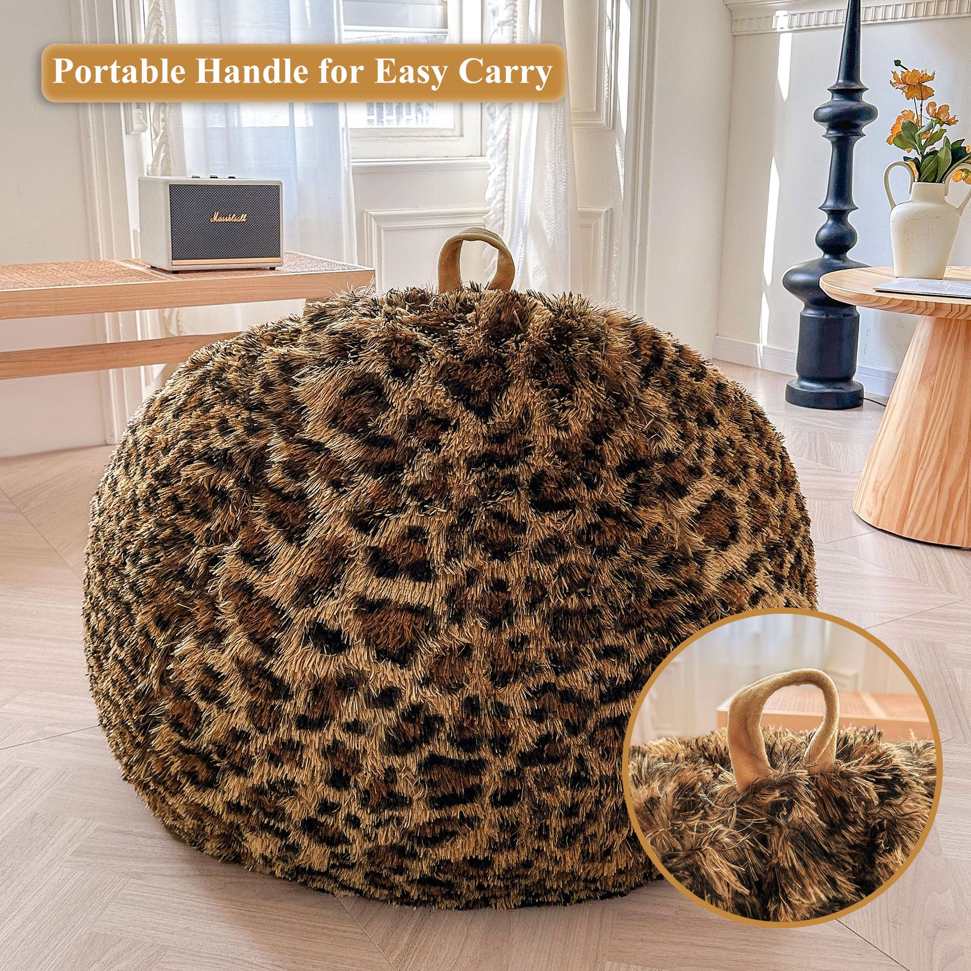 XeGe Faux Fur Leopard Print Bean Bag Chair Cover(No Filler), Cheetah Brown