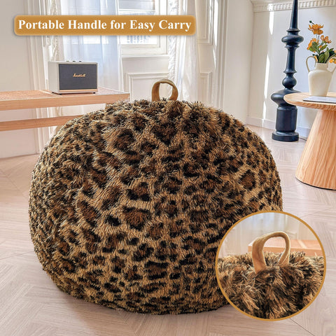 XeGe Faux Fur Leopard Print Bean Bag Chair Cover(No Filler), Cheetah Brown