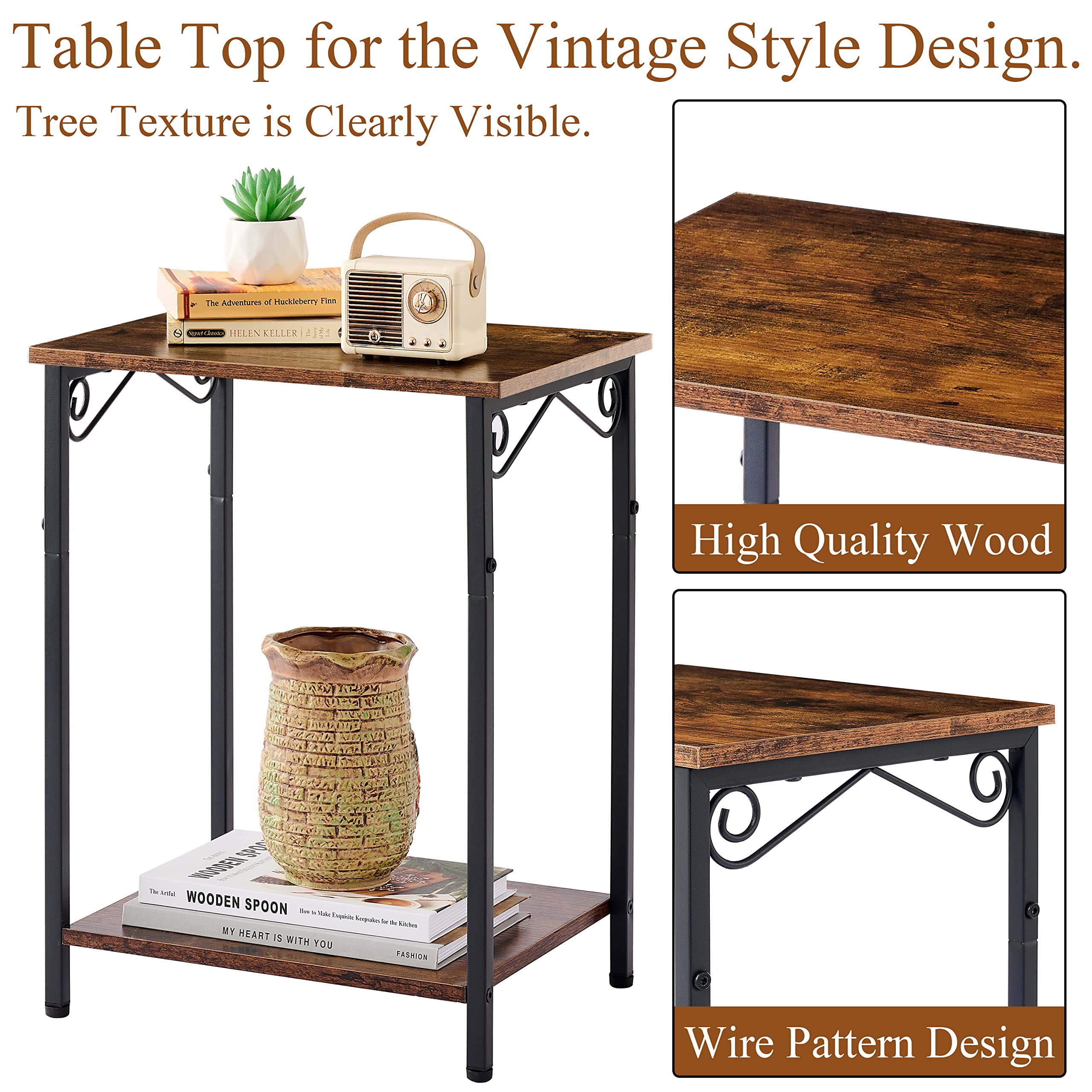 Hoctieon 2 Tier End Table, Small Night Table, Narrow Side Table with Storage, Nightstand for Small Spaces, Living Room, Bedroom, Sofa Couch