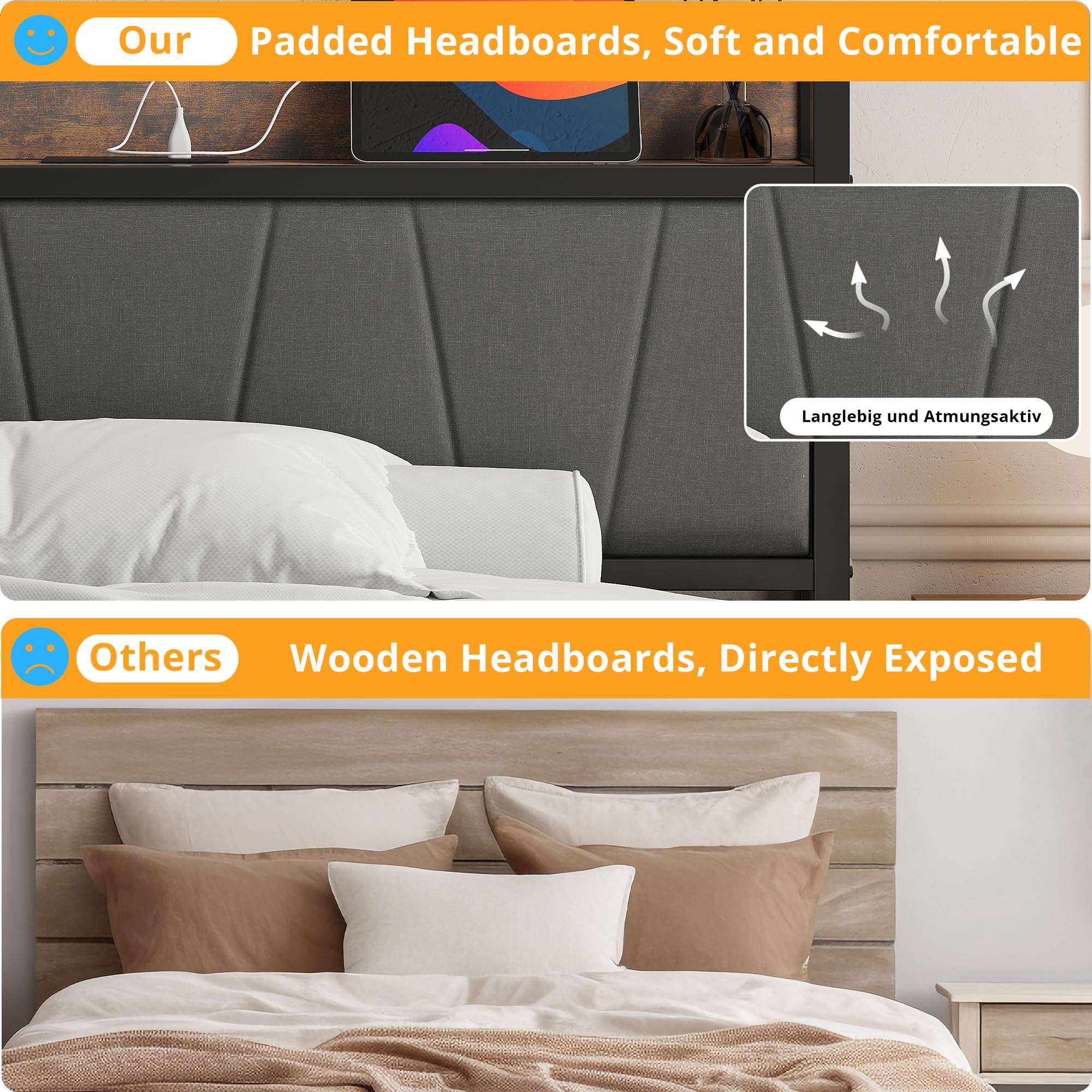 IRONCK Small Double Bed Frame with Storage Shelf Upholstered Headboard, Platform Bed Frame with Charging Station, Metal Bed Frame/UnderBed Storage