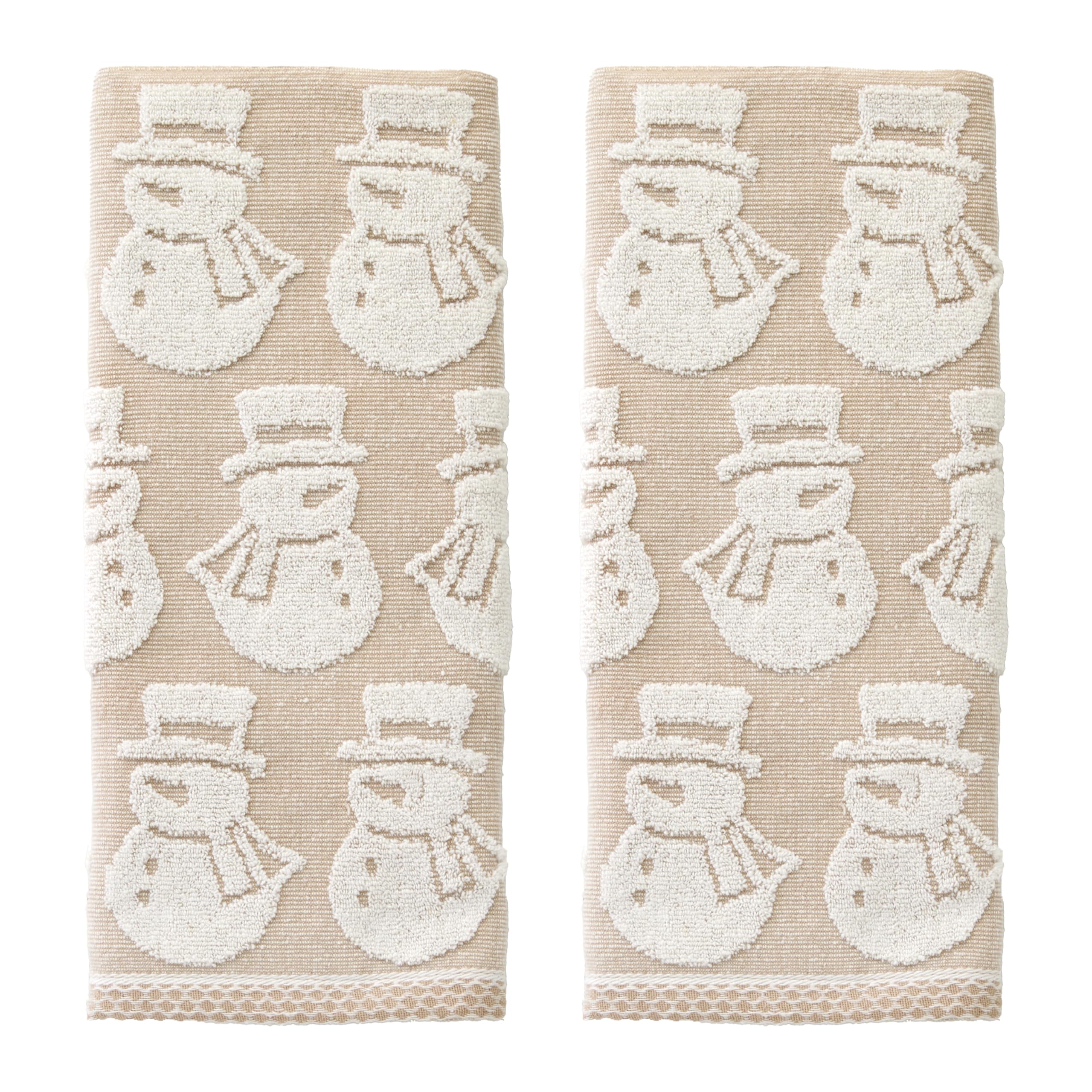 SKL Home Christmas/Winter Snowman Jacquard 100% Cotton Reversible 2pc Hand Towel Set, Soft & Absorbent, Decorative for Bath/Kitchen/Bar & Gift, Tan
