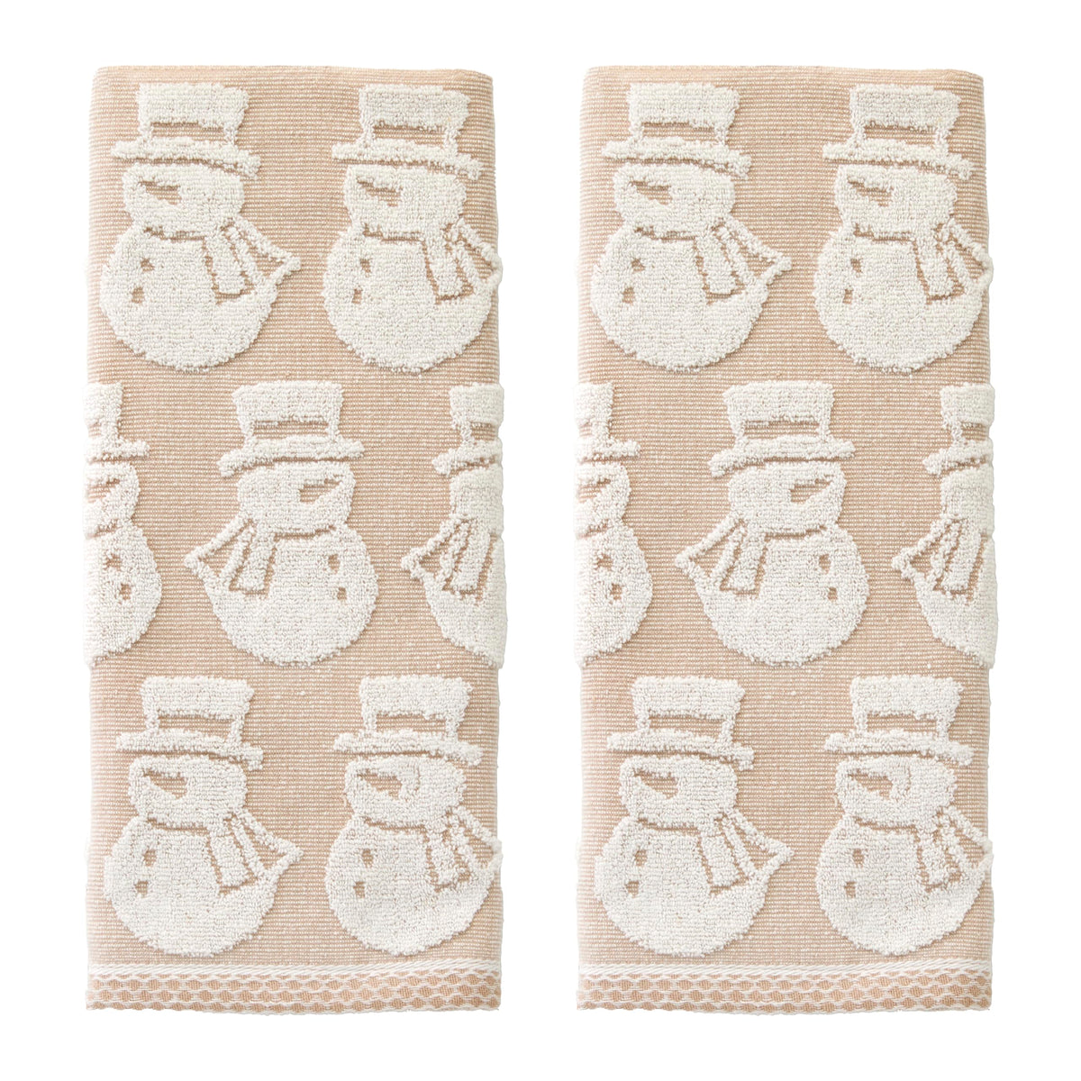 SKL Home Christmas/Winter Snowman Jacquard 100% Cotton Reversible 2pc Hand Towel Set, Soft & Absorbent, Decorative for Bath/Kitchen/Bar & Gift, Tan