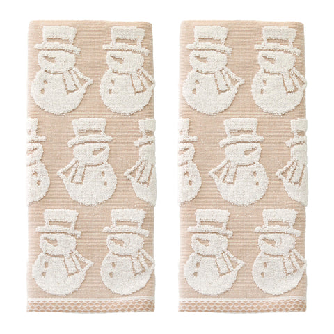 SKL Home Christmas/Winter Snowman Jacquard 100% Cotton Reversible 2pc Hand Towel Set, Soft & Absorbent, Decorative for Bath/Kitchen/Bar & Gift, Tan