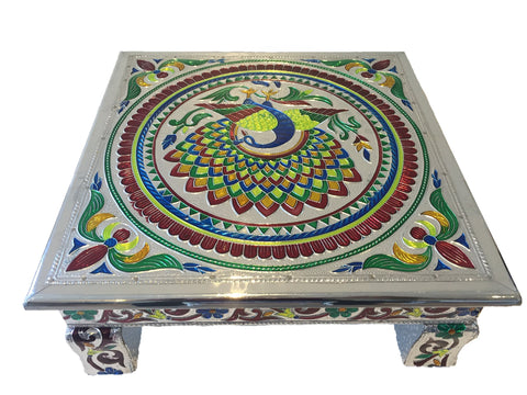 eRadius 10"x10" Aluminium Minakari Low Table Bajot Bajath Hindu Pooja