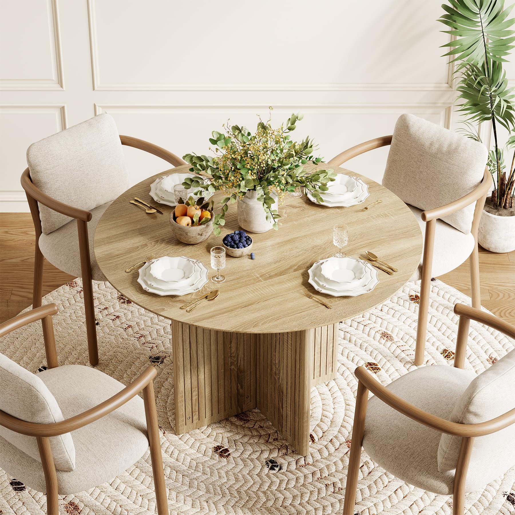 Tribesigns 100cm Round Dining Table for 4, Farmhouse Retro Kitchen Table with Fluted Pedestal Base, Small Dinner Table for Dining Room, Kitchen