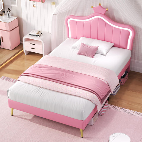 Merax 3FT Single Upholstered Bed Frame with LED Crown Shape Adjustable Headboard, PU Leather Platform Bed with Solid Wood Slats, Sturdy Metal Support